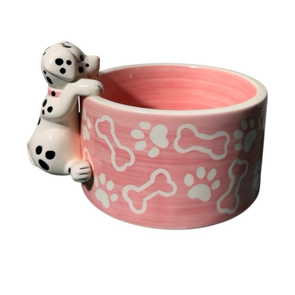 Ceramic Pink Pet Feeding Water Bowl Dalmatian - Picture 1 of 11
